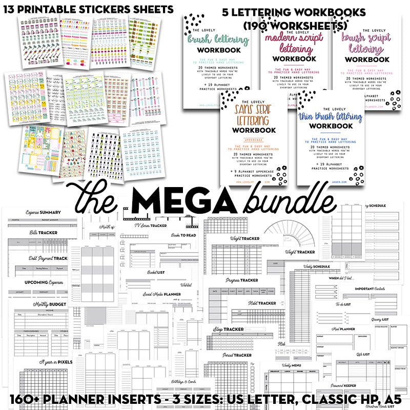 Mega BUNDLE: Ultimate Planner Bundle + Lettering Workbooks + Kawaii Stickers Pack