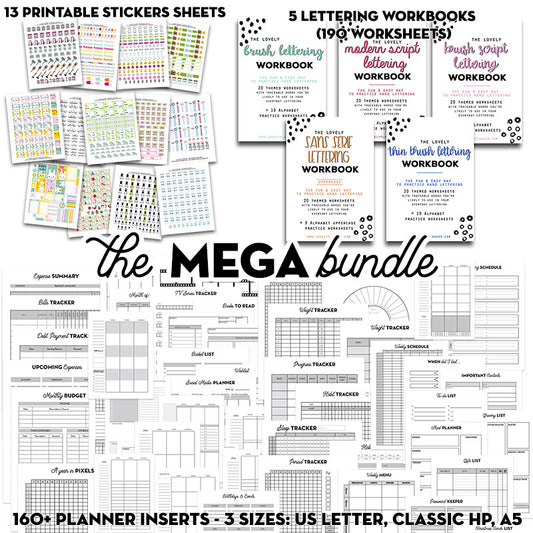 Mega BUNDLE: Ultimate Planner Bundle + Lettering Workbooks + Kawaii Stickers Pack