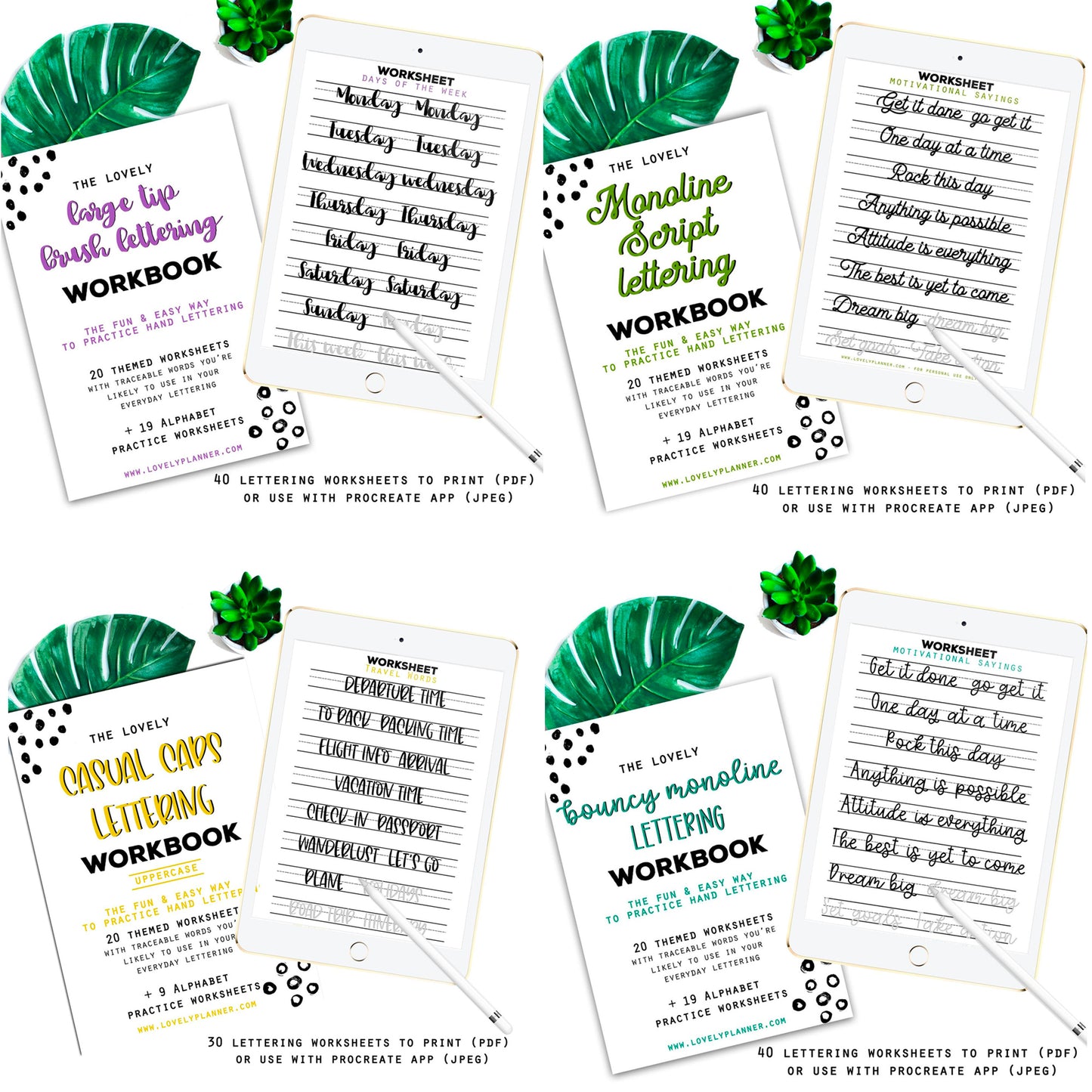 BUNDLE of 10 Lettering Workbooks with 370 Hand Lettering Practice Worksheets -Brush/Monoline for Procreate & Print, Modern Calligraphy, Ipad