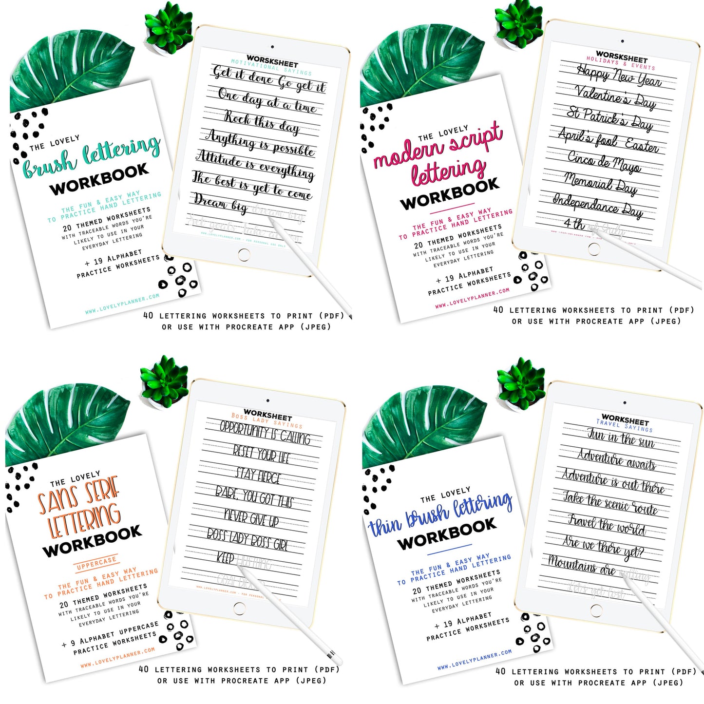 BUNDLE of 10 Lettering Workbooks with 370 Hand Lettering Practice Worksheets -Brush/Monoline for Procreate & Print, Modern Calligraphy, Ipad