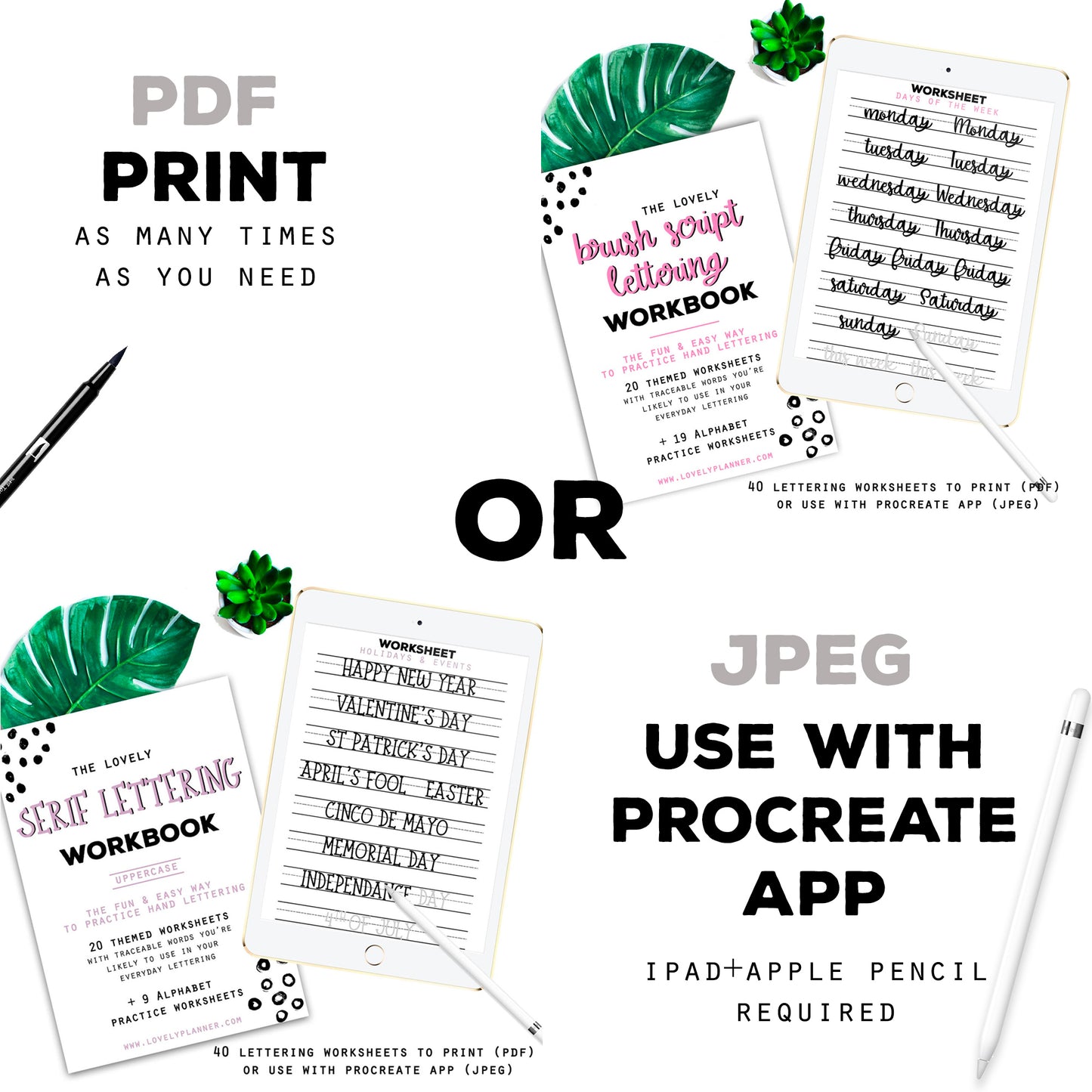 BUNDLE of 10 Lettering Workbooks with 370 Hand Lettering Practice Worksheets -Brush/Monoline for Procreate & Print, Modern Calligraphy, Ipad