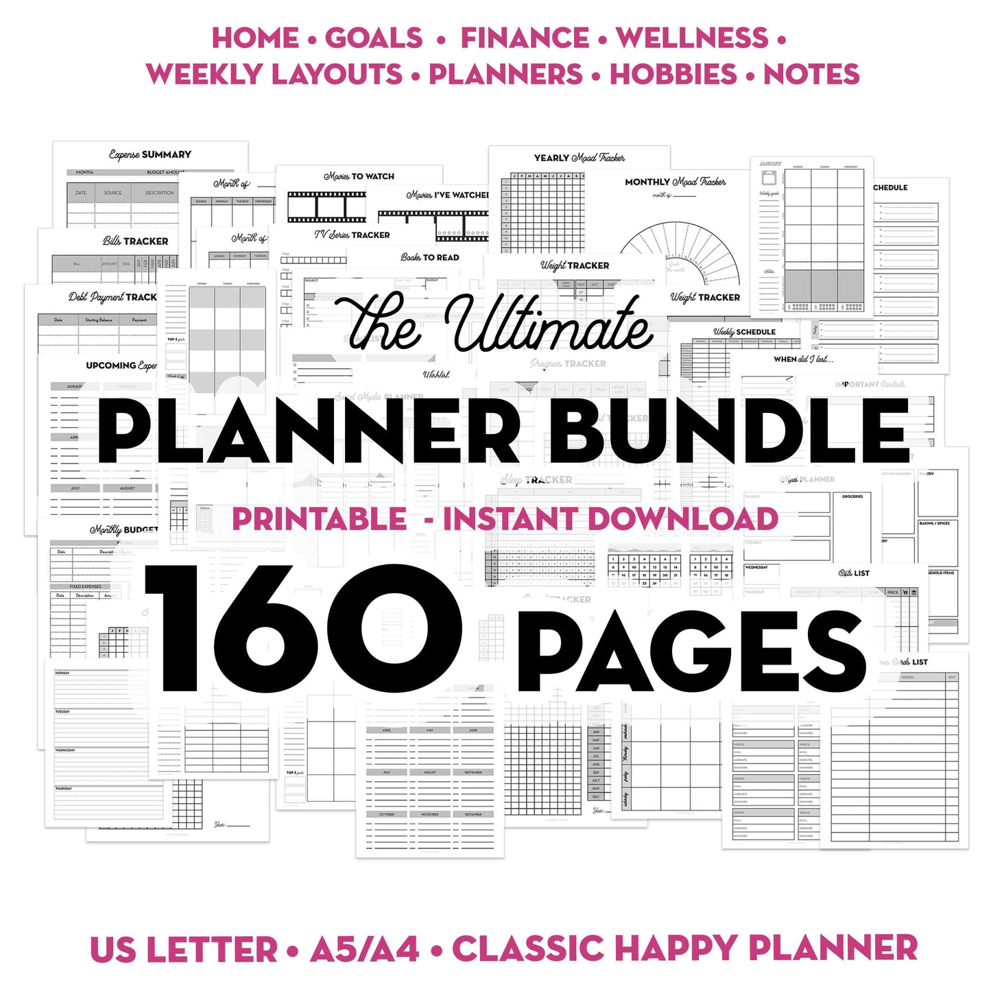 Ultimate Planner Bundle - 160 Printable Planner Inserts for A5, US Letter, Classic Happy Planner