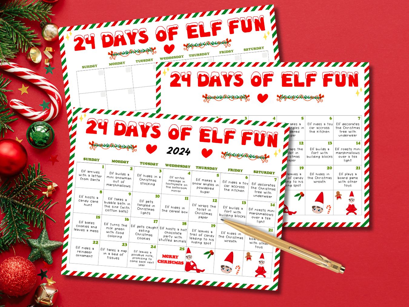 Editable Elf Ideas Calendar Printable