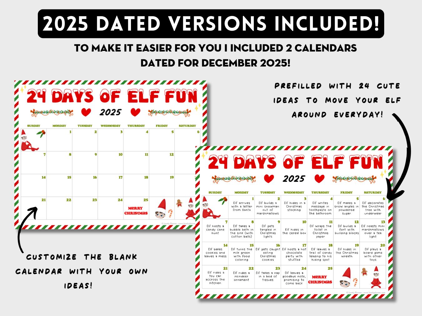 Editable Elf Ideas Calendar Printable