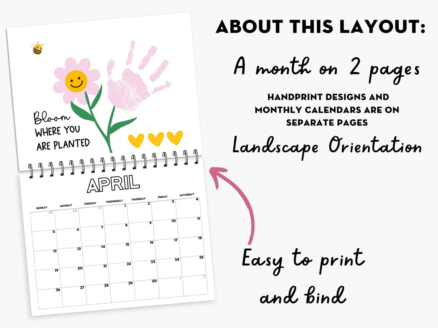 Handprint Calendar 2026 - Landscape Layout - 2 pages per month