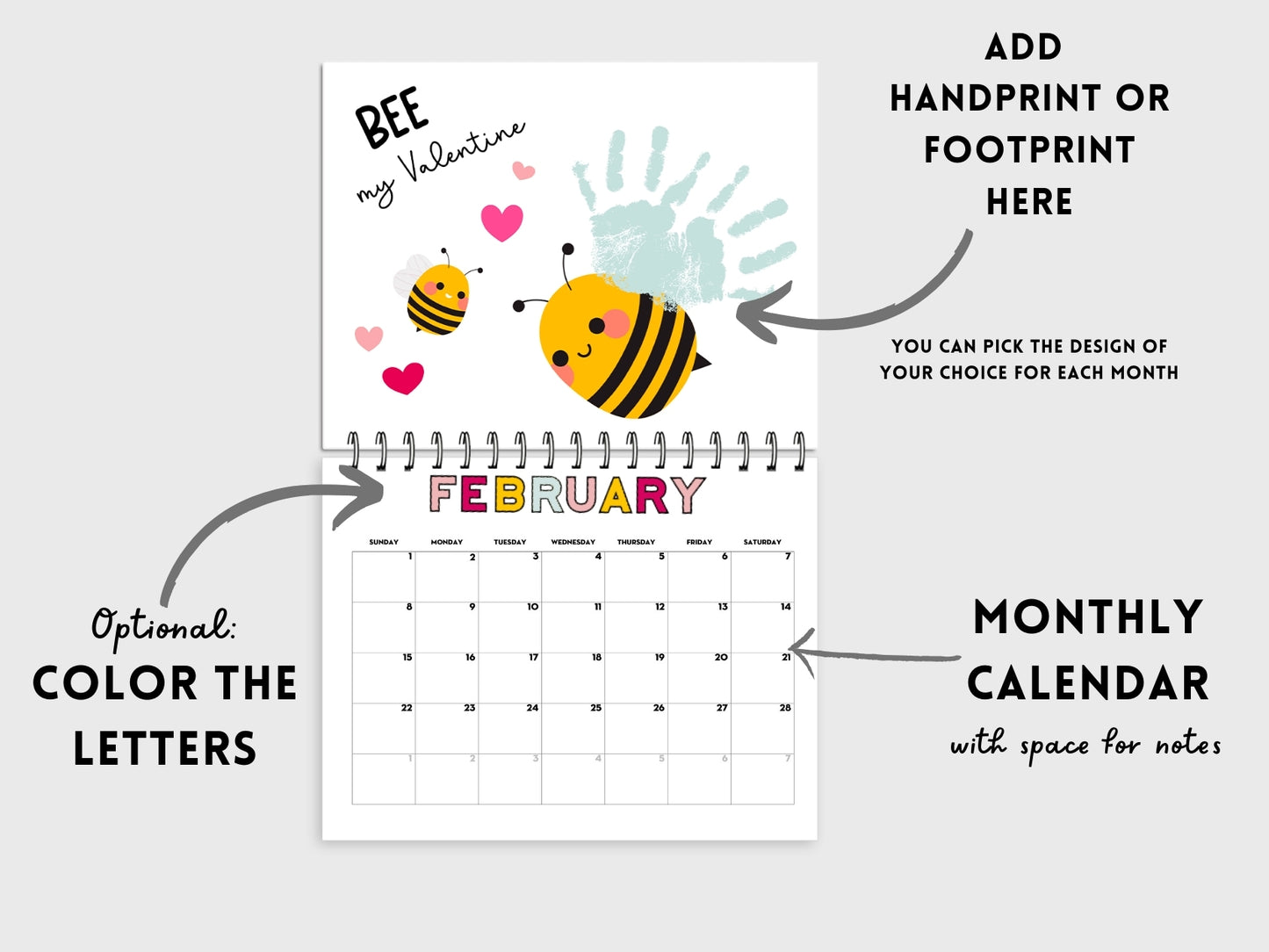 Handprint Calendar 2026 - Landscape Layout - 2 pages per month