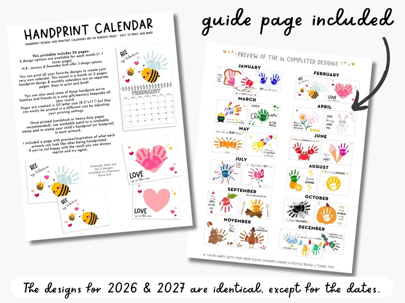 Bundle 2026 + 2027 Handprint Calendars (Month on 1 page)