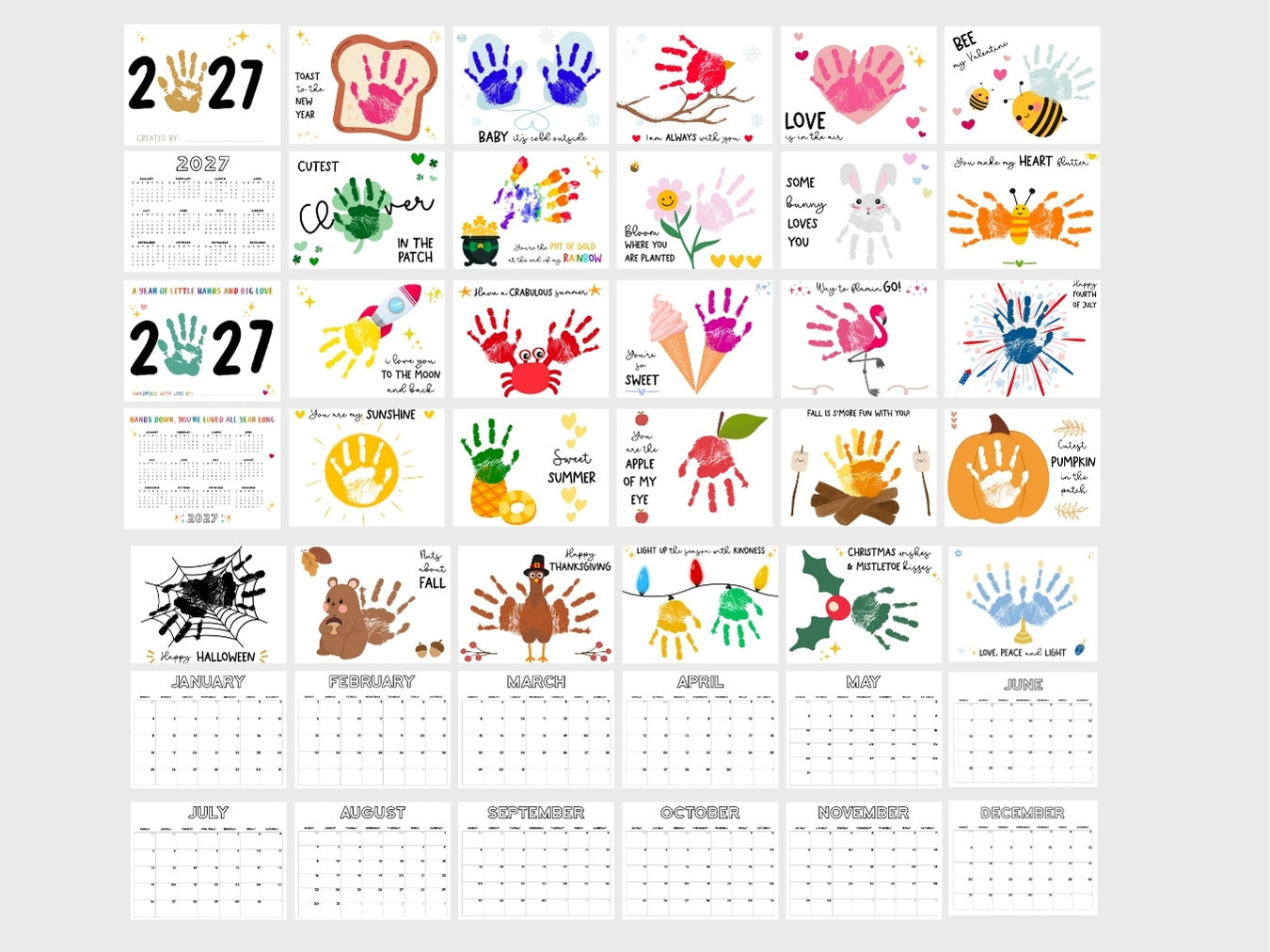 Handprint Calendar 2027 - Landscape Layout - 2 pages per month