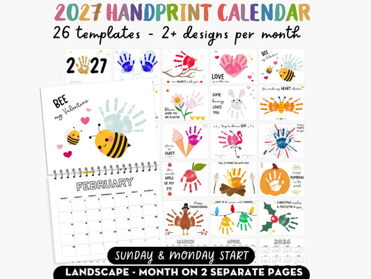 Handprint Calendar 2027 - Landscape Layout - 2 pages per month