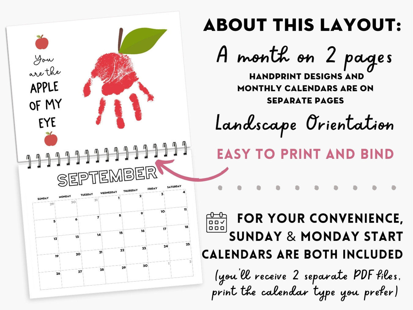 Handprint Calendar 2027 - Landscape Layout - 2 pages per month