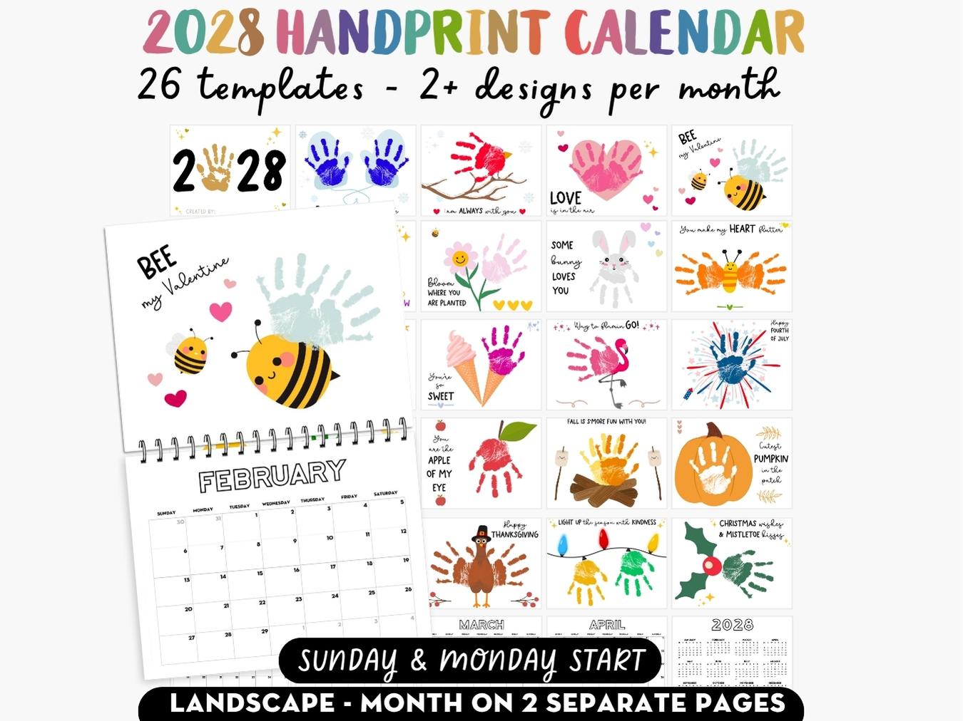 Handprint Calendar 2028 - Landscape Layout - 2 pages per month