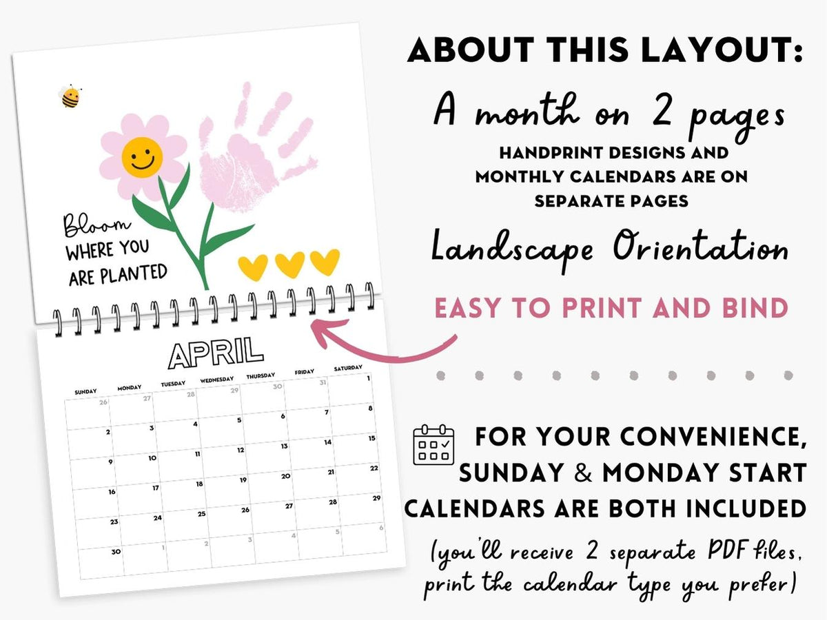 Handprint Calendar 2028 - Landscape Layout - 2 pages per month