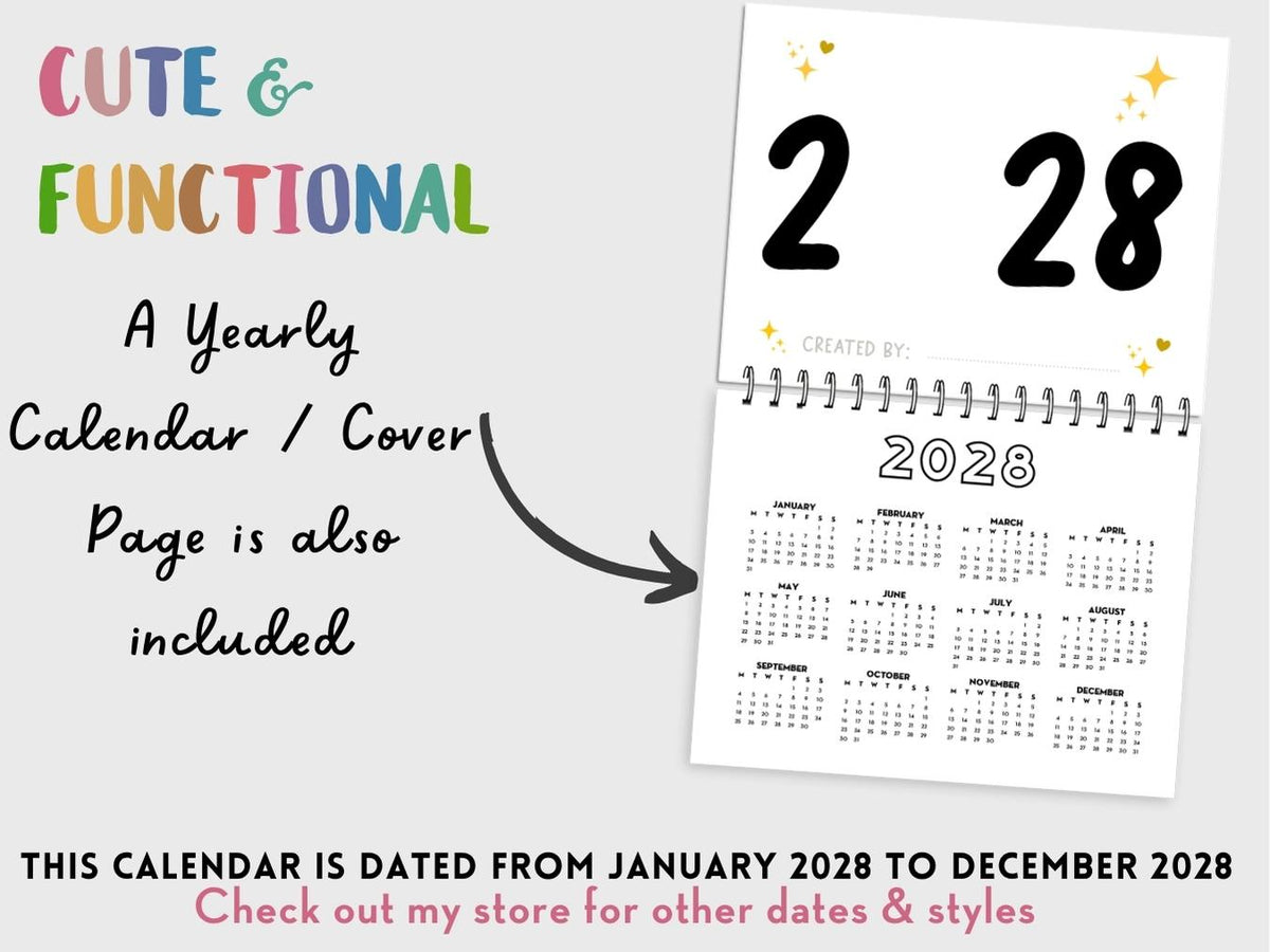 Handprint Calendar 2028 - Landscape Layout - 2 pages per month