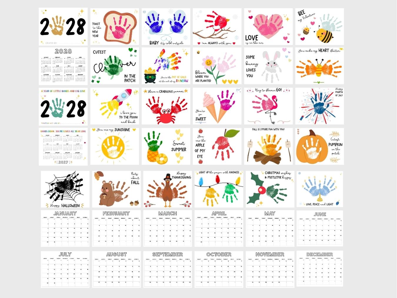 Handprint Calendar 2028 - Landscape Layout - 2 pages per month