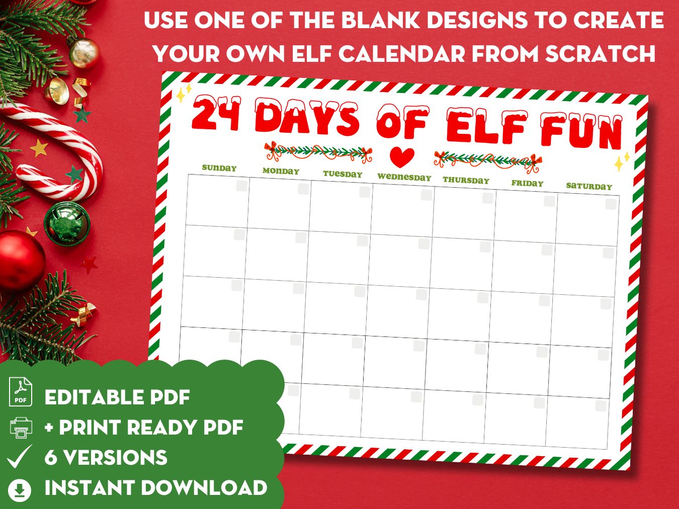 Editable Elf Ideas Calendar Printable