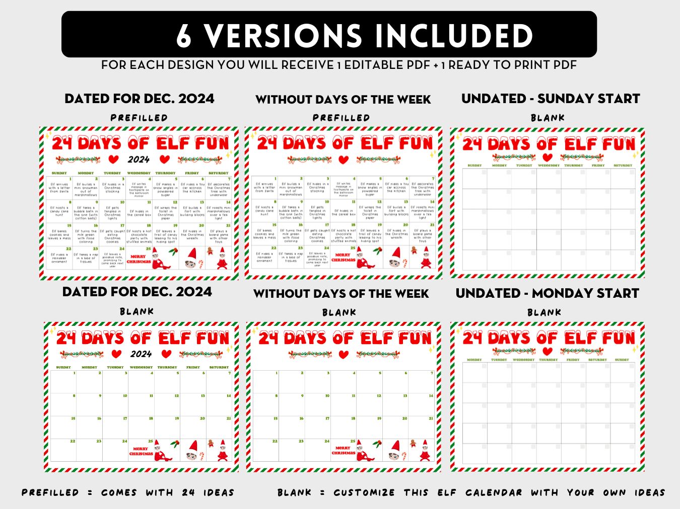 Editable Elf Ideas Calendar Printable