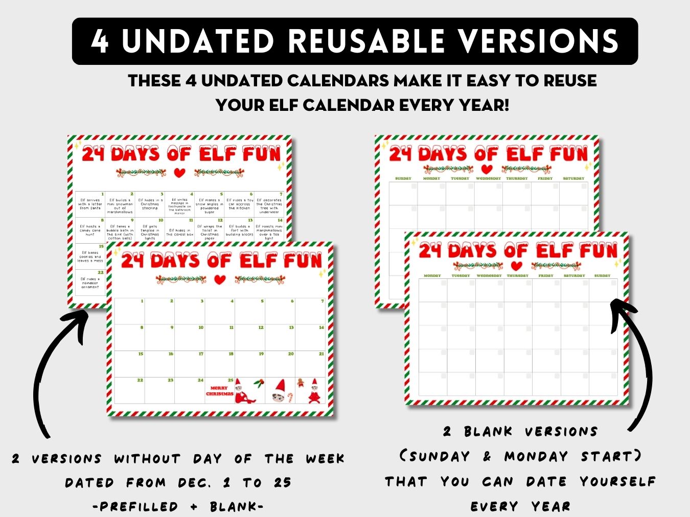 Editable Elf Ideas Calendar Printable