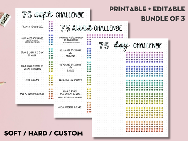 Bundle of 3: 75 Soft/Hard/Custom Challenge Tracker - Editable PDF