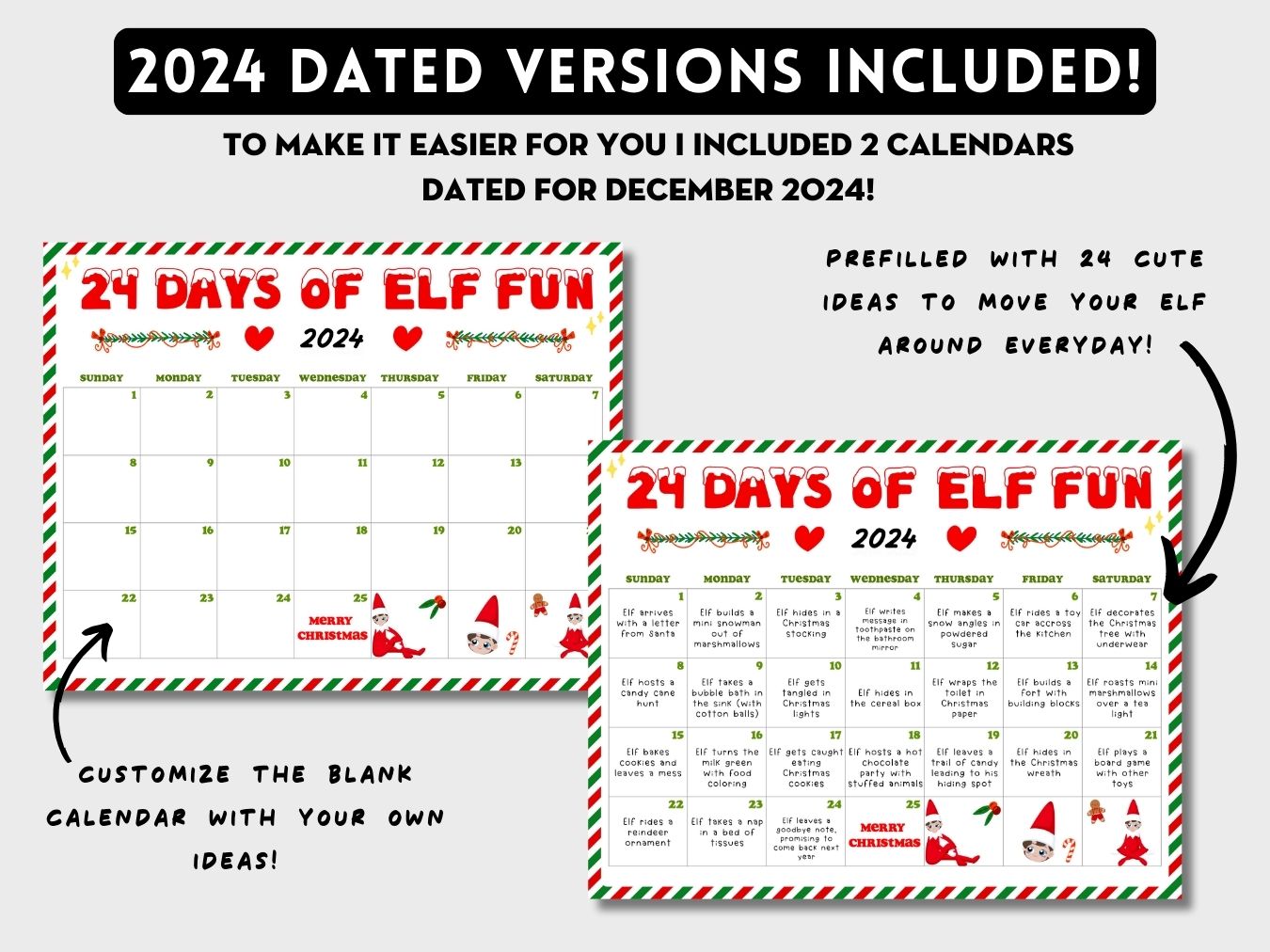 Editable Elf Ideas Calendar Printable