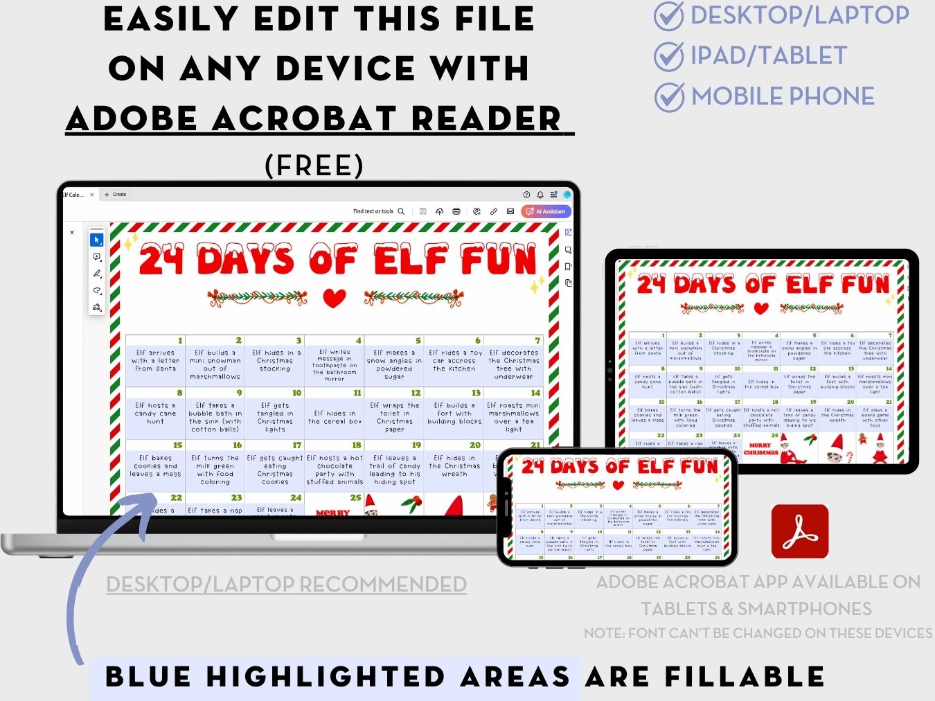 Editable Elf Ideas Calendar Printable