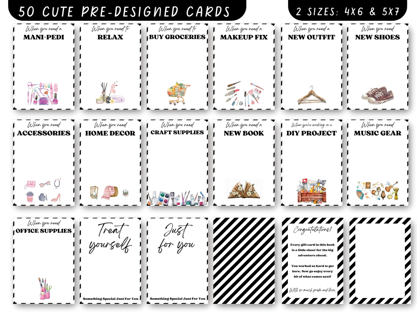 Editable & Printable Graduation Gift Card Book - 50 gift card holders + 4 covers in 2 sizes 4x6 & 5x7 (Set E)