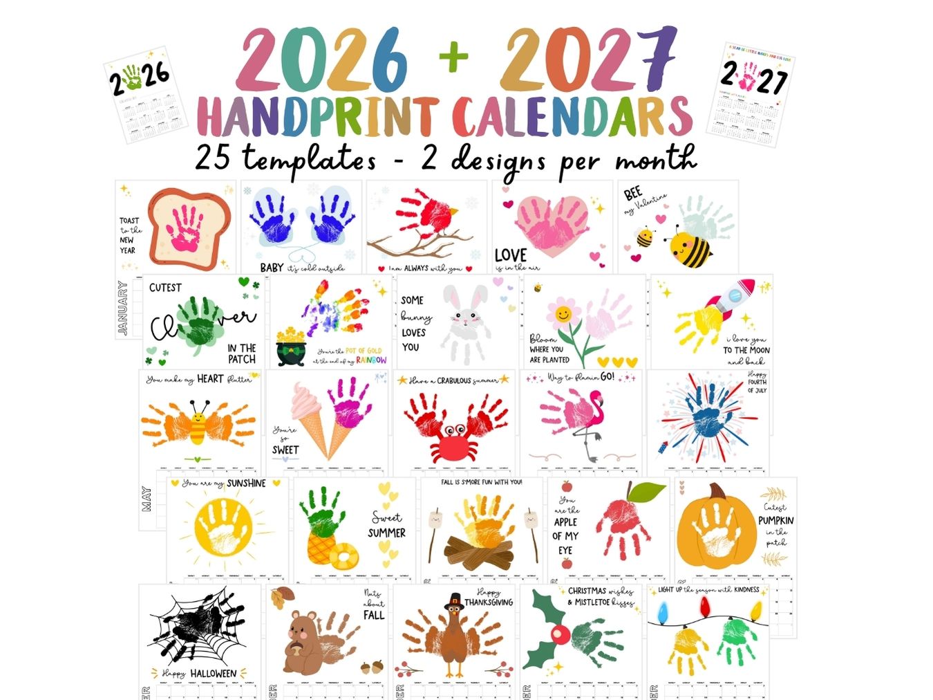 Bundle 2026 + 2027 Handprint Calendars (Month on 1 page)