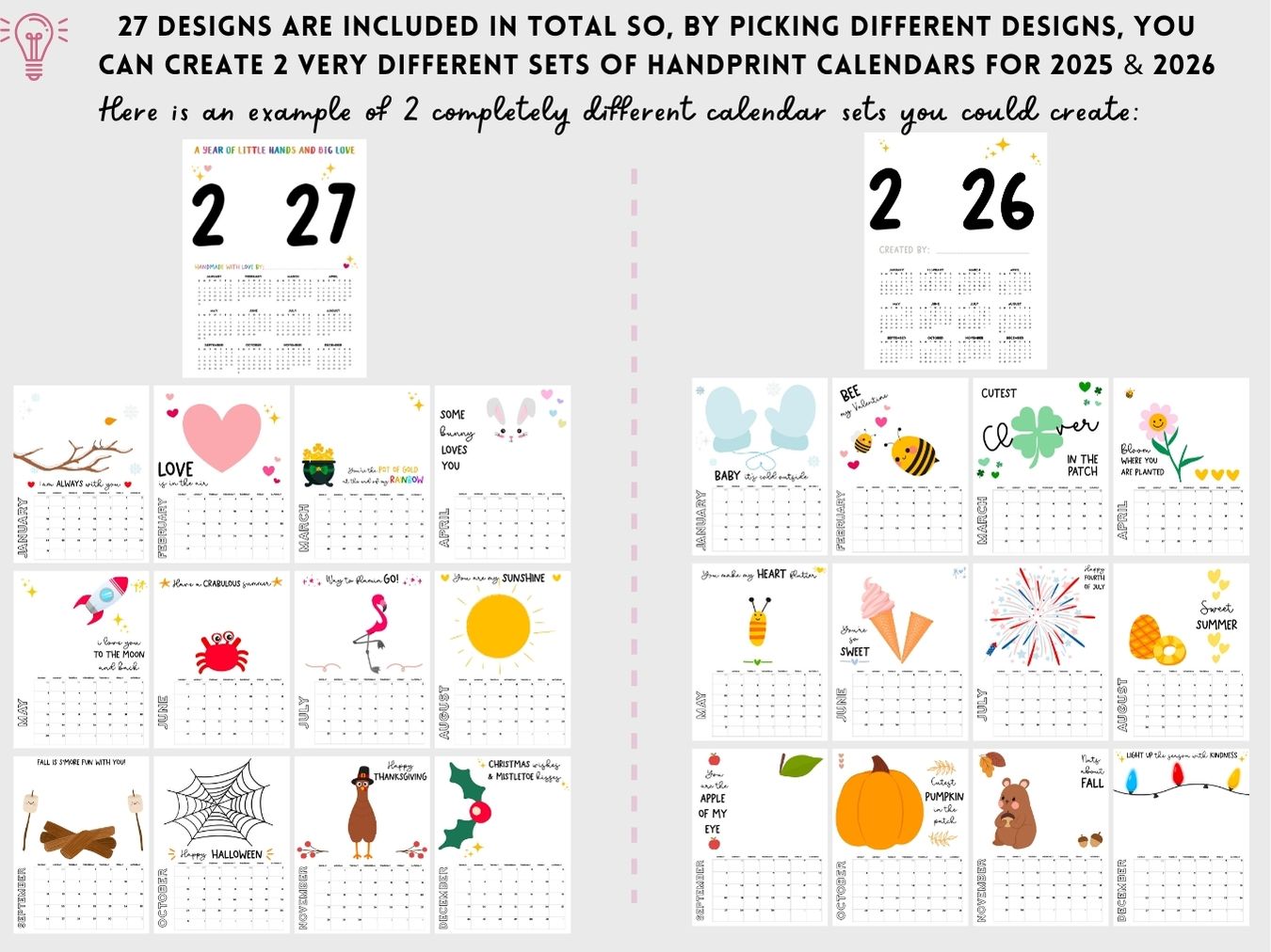Bundle 2026 + 2027 Handprint Calendars (Month on 1 page)