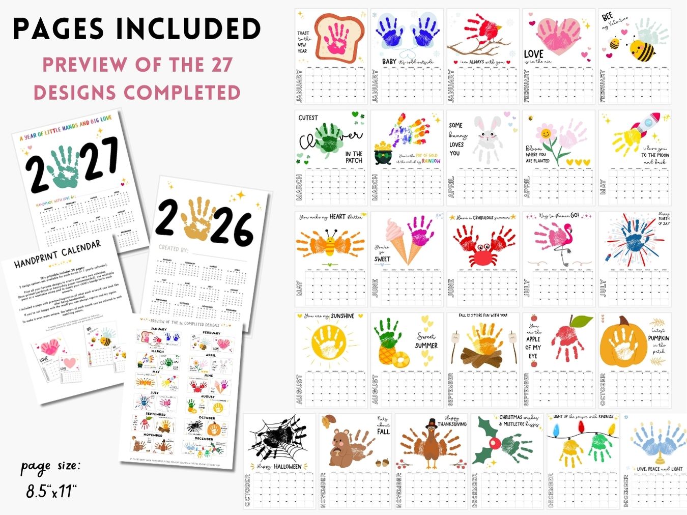 Bundle 2026 + 2027 Handprint Calendars (Month on 1 page)