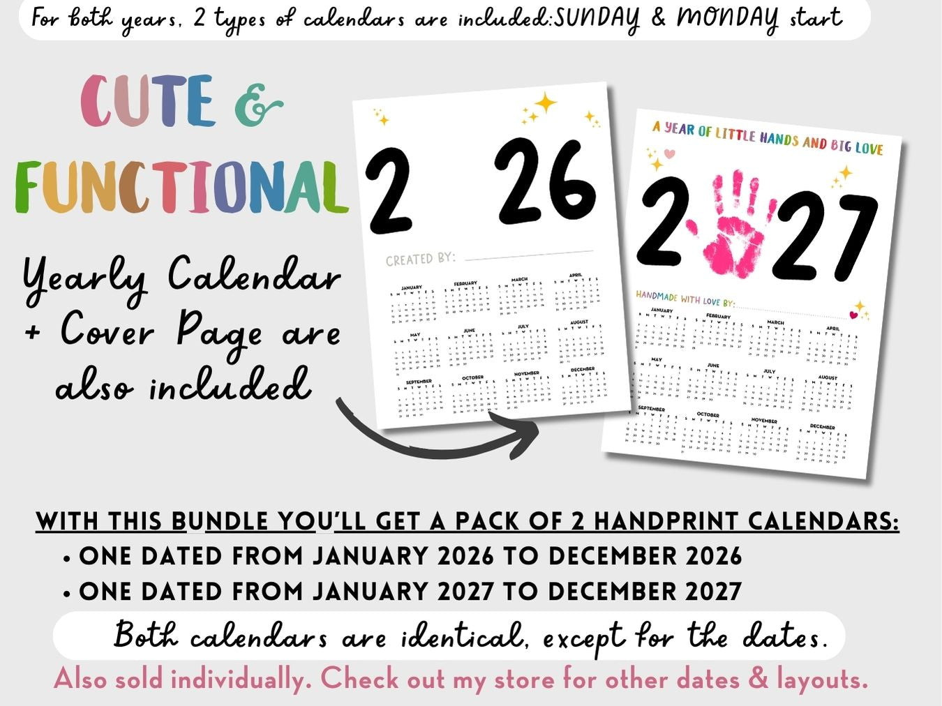 Bundle 2026 + 2027 Handprint Calendars (Month on 1 page)