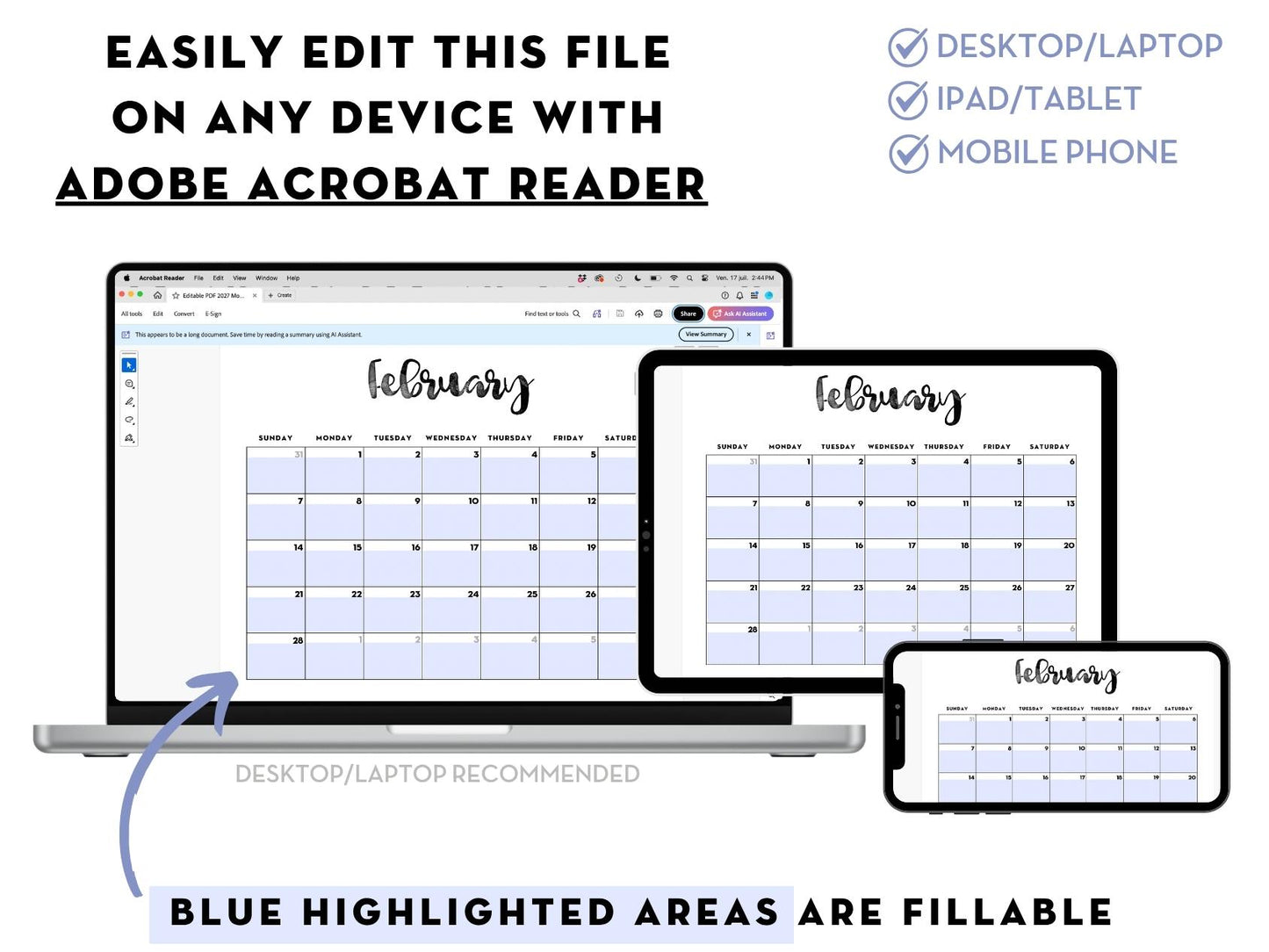 2027 Monthly Calendar - EDITABLE PDF