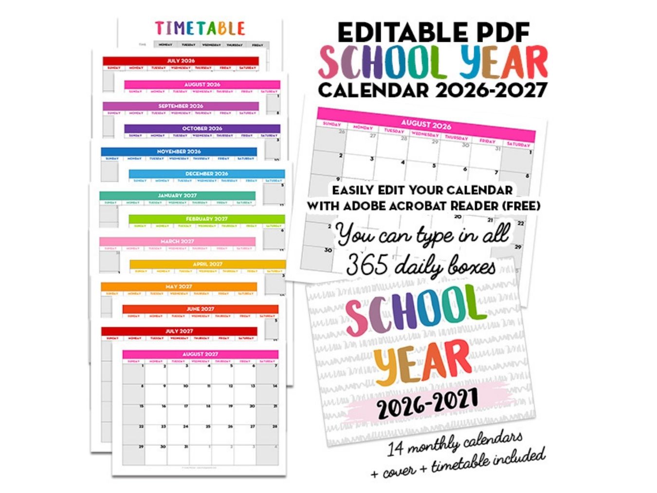 EDITABLE PDF - 2026-2027 Monthly School Calendar