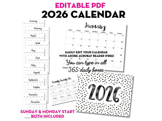2026 Monthly Calendar - EDITABLE PDF