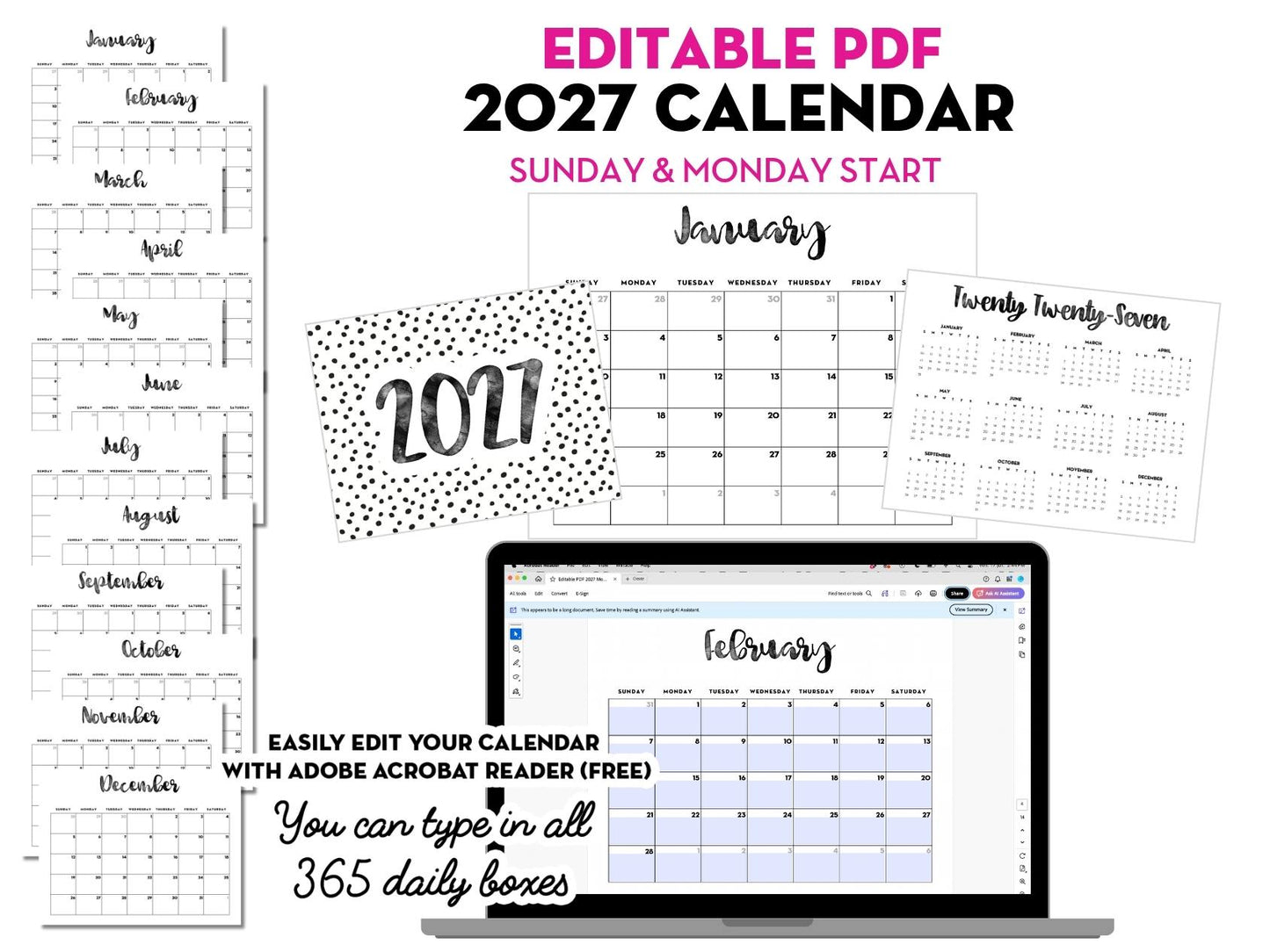 2027 Monthly Calendar - EDITABLE PDF