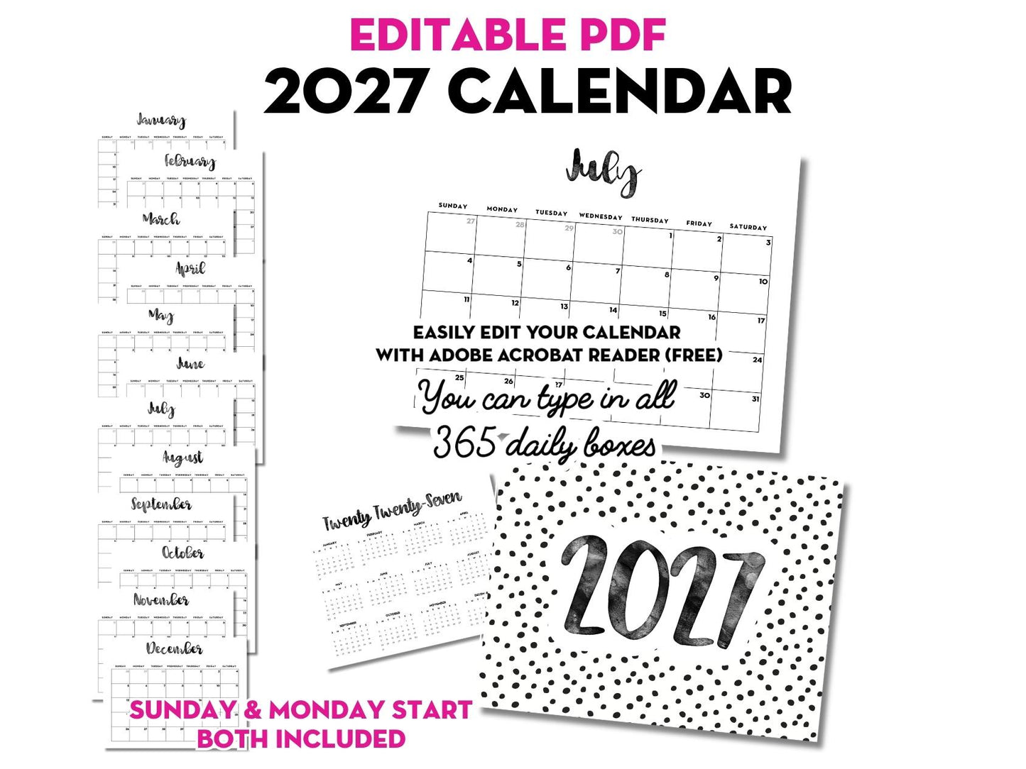 2027 Monthly Calendar - EDITABLE PDF