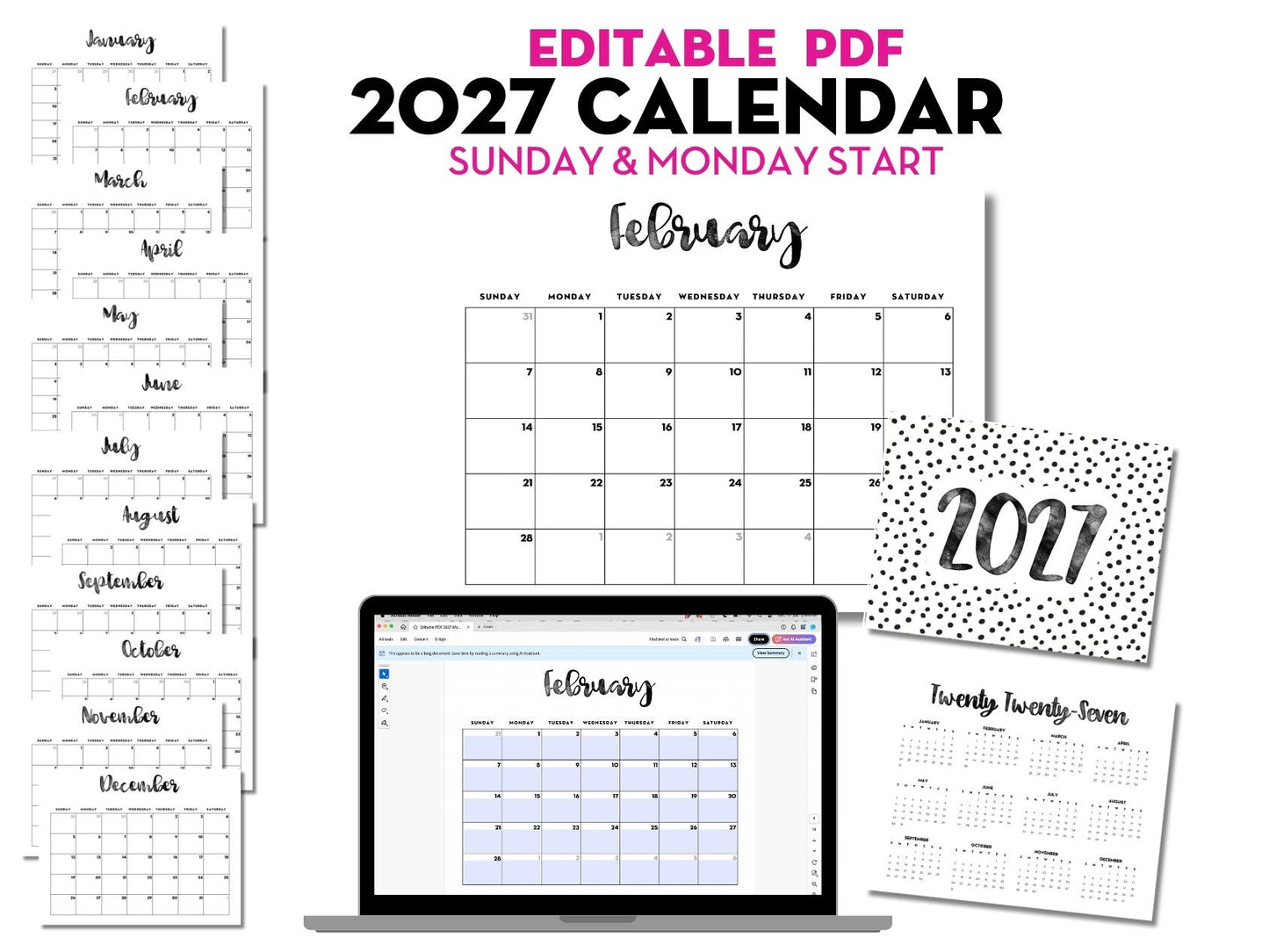 2027 Monthly Calendar - EDITABLE PDF