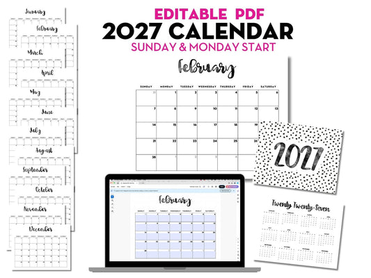 2027 Monthly Calendar - EDITABLE PDF