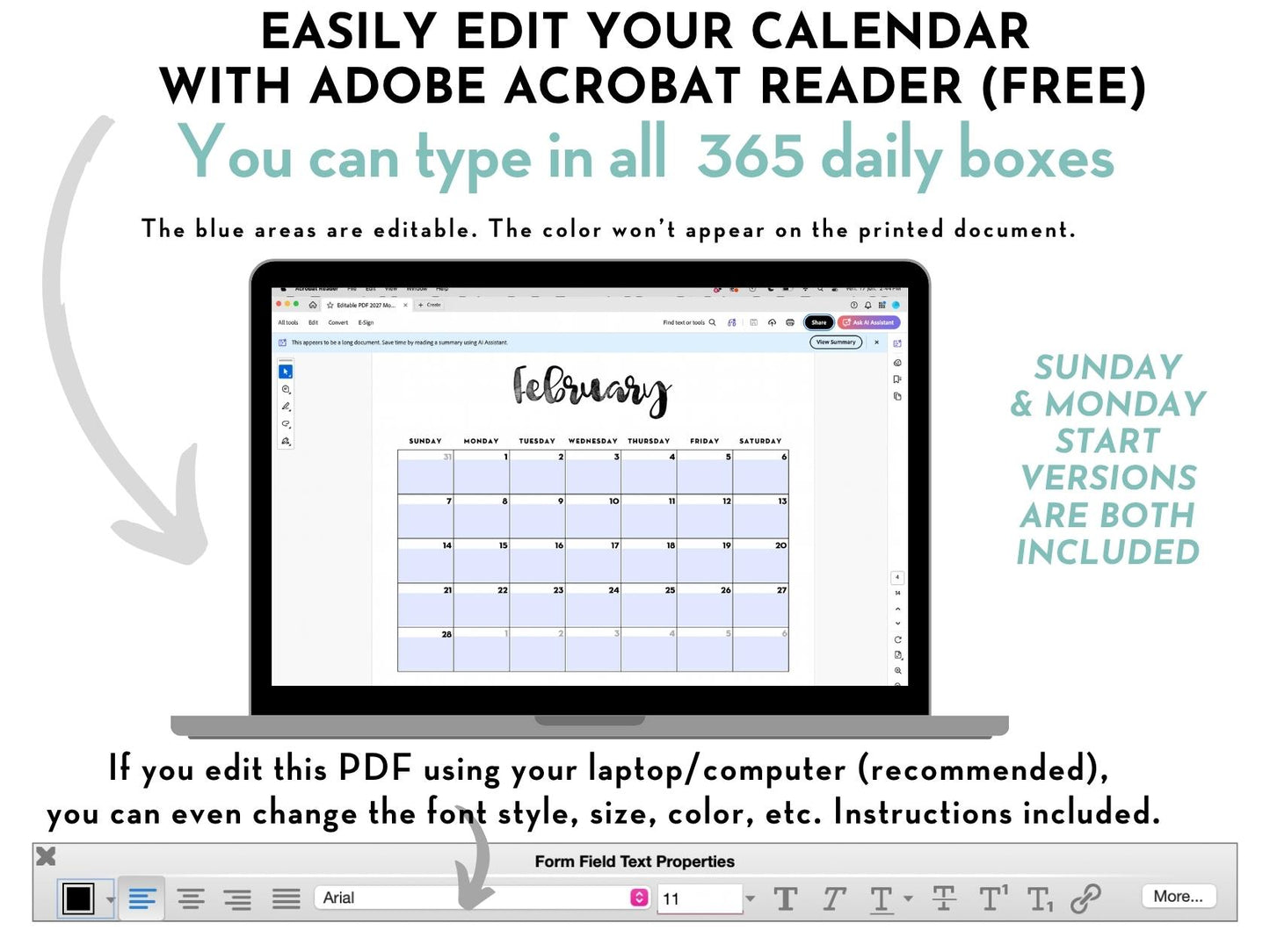 2027 Monthly Calendar - EDITABLE PDF