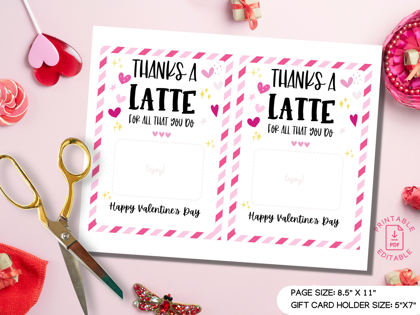 Printable Thanks a Latte Valentine Gift Card Holder - Editable PDF