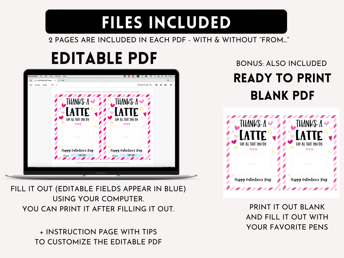 Printable Thanks a Latte Valentine Gift Card Holder - Editable PDF