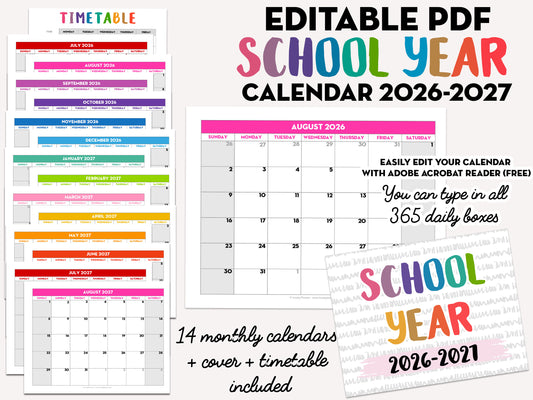 EDITABLE PDF - 2026-2027 Monthly School Calendar