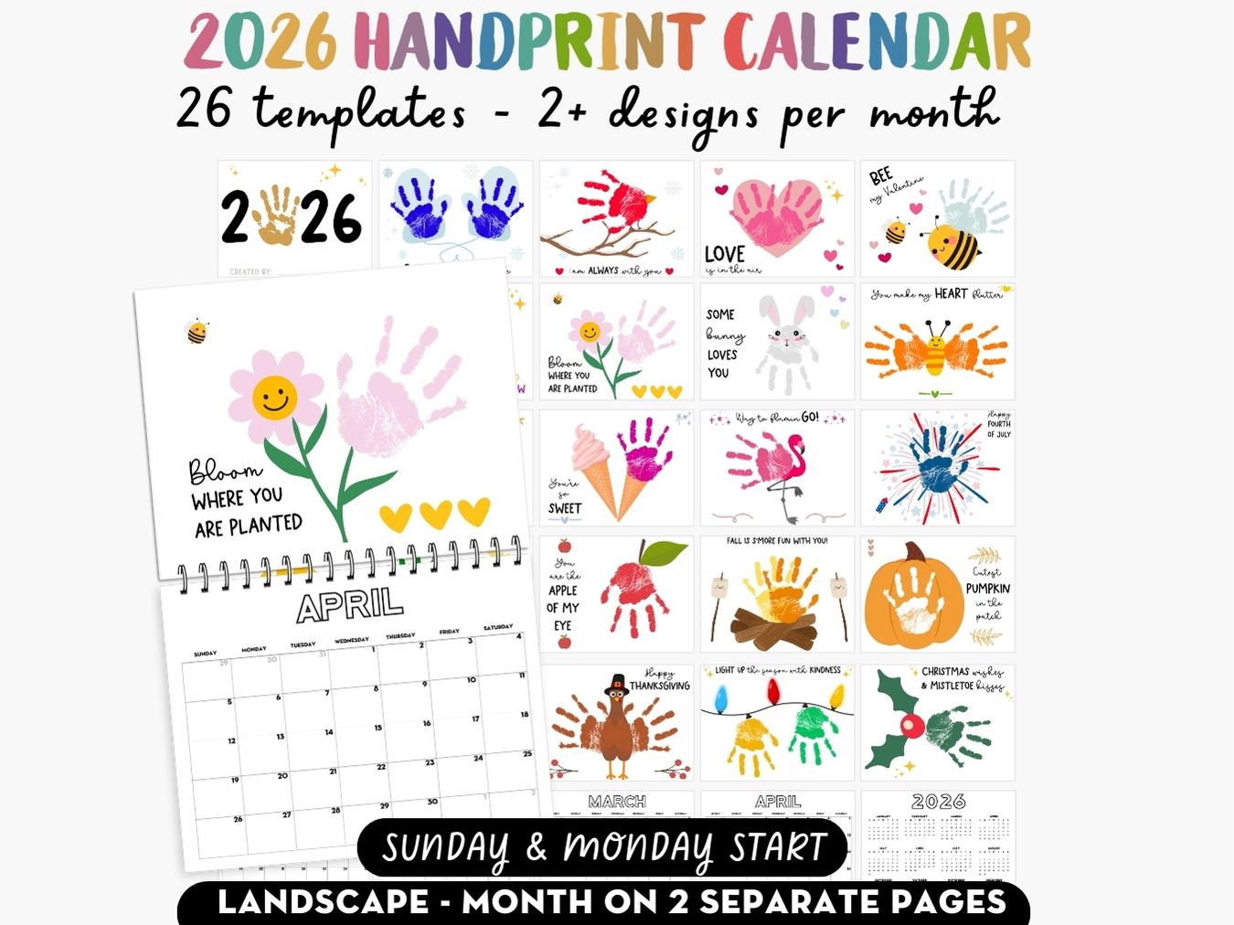 Handprint Calendar 2026 - Landscape Layout - 2 pages per month