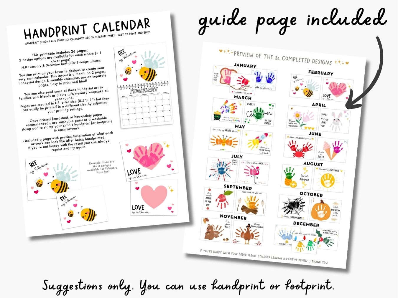 Handprint Calendar 2026 - Landscape Layout - 2 pages per month