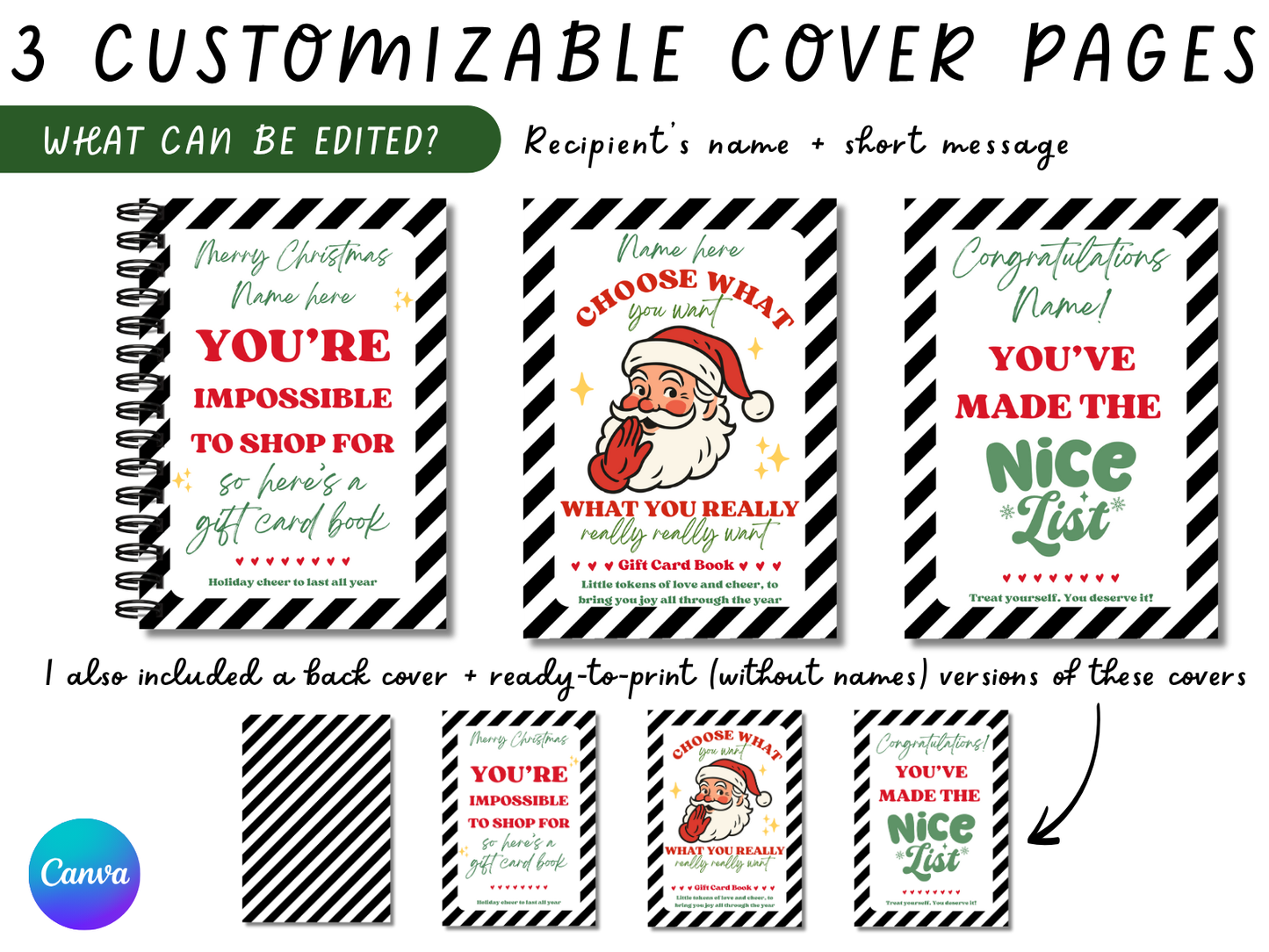 Funny Editable & Printable Christmas Gift Card Book - 50 gift card holders + 3 covers in 2 sizes 4x6 & 5x7 (SET C)