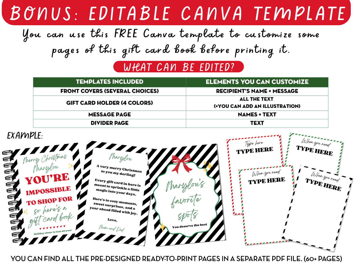 Funny Editable & Printable Christmas Gift Card Book - 50 gift card holders + 3 covers in 2 sizes 4x6 & 5x7 (SET C)