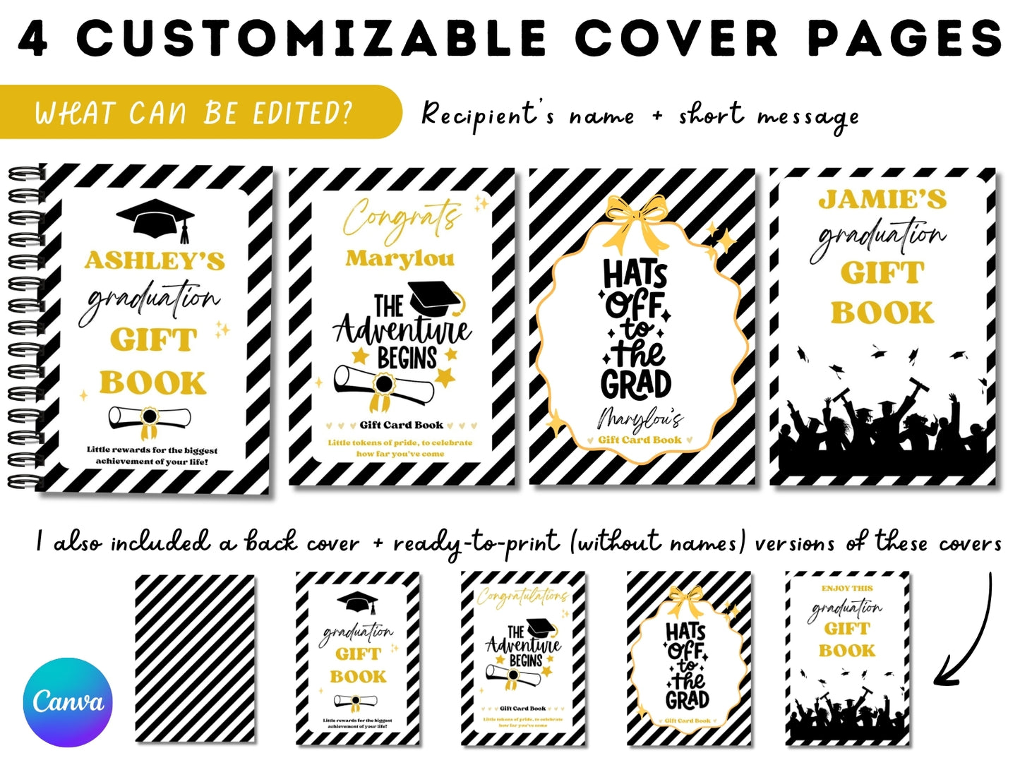Editable Graduation Gift Card Book - 50 gift card holders + 4 covers in 2 sizes 4x6 & 5x7 (Set D)