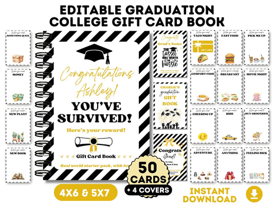 Editable & Printable Graduation Gift Card Book - 50 gift card holders + 4 covers in 2 sizes 4x6 & 5x7 (Set E)