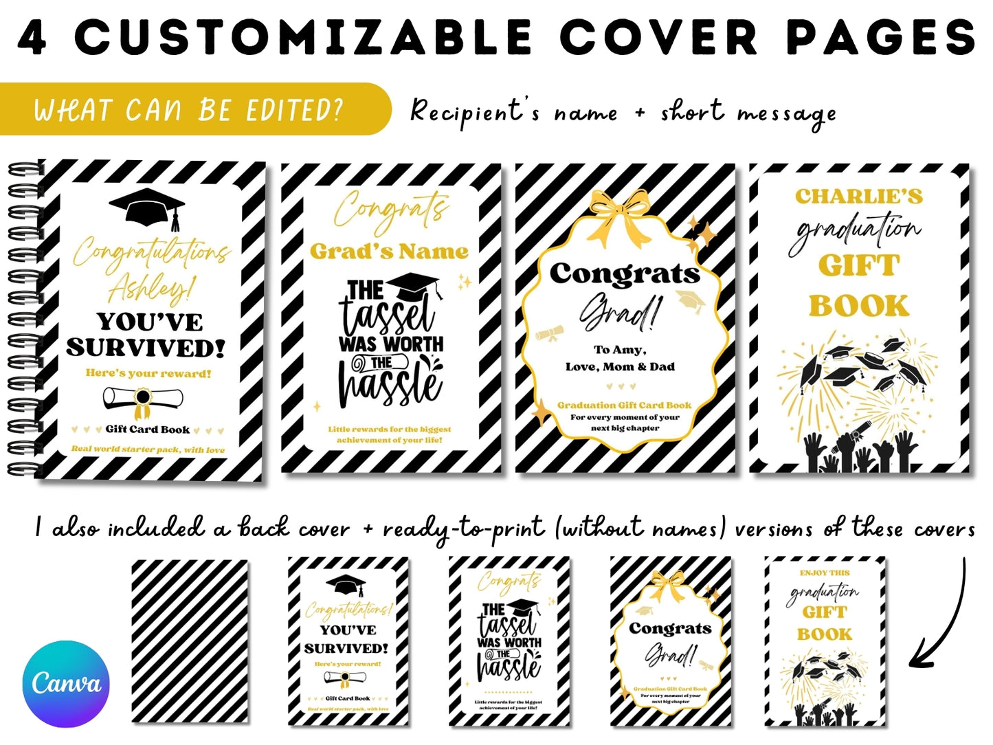 Editable & Printable Graduation Gift Card Book - 50 gift card holders + 4 covers in 2 sizes 4x6 & 5x7 (Set E)