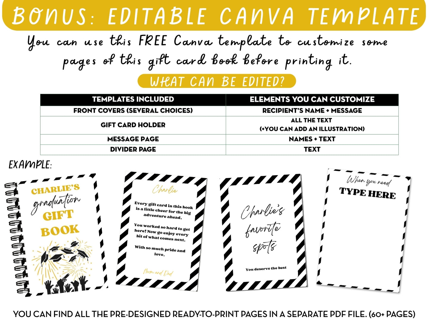 Editable & Printable Graduation Gift Card Book - 50 gift card holders + 4 covers in 2 sizes 4x6 & 5x7 (Set E)