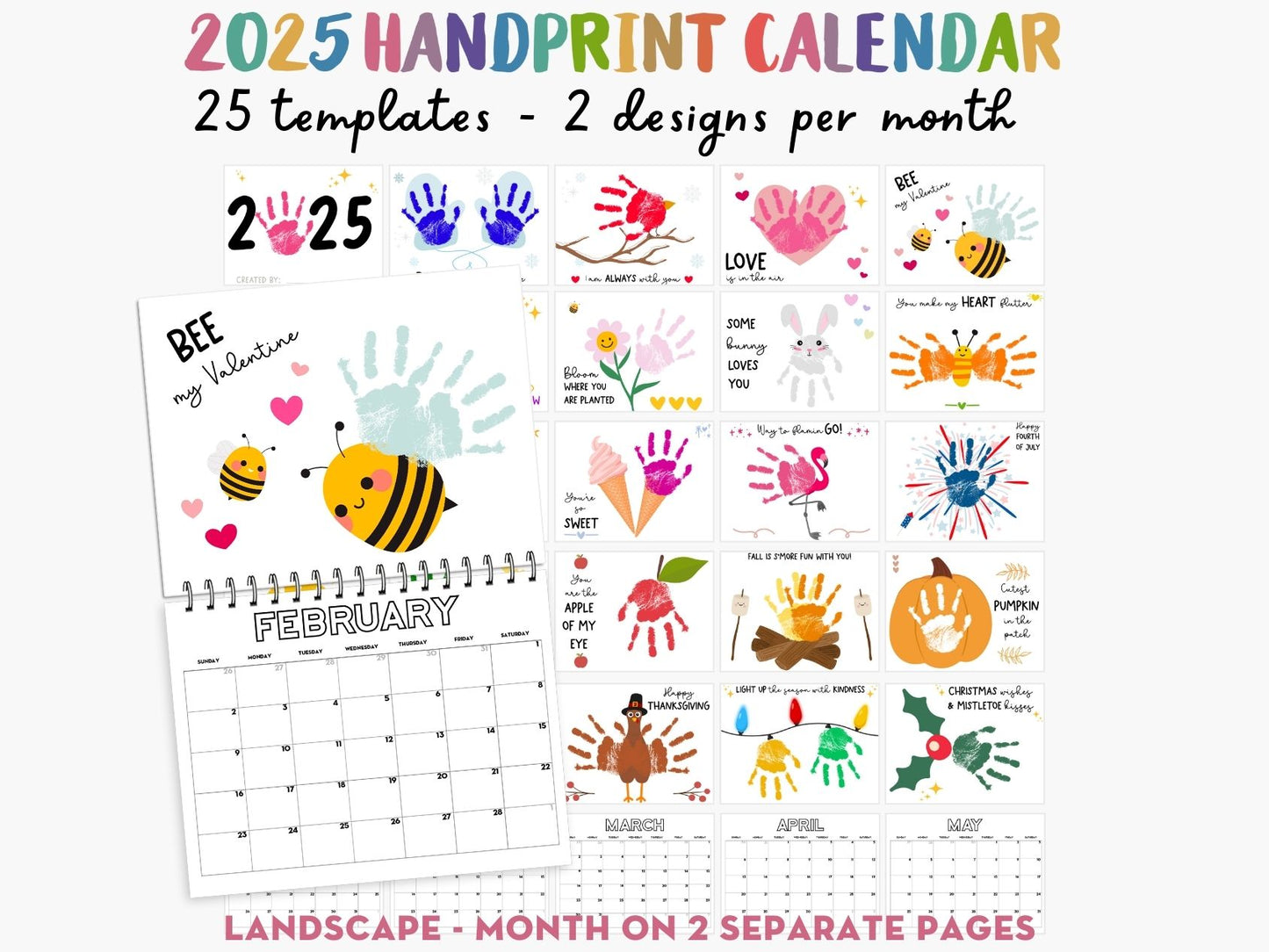 Handprint Calendar 2025 - Landscape Layout - 2 pages per month