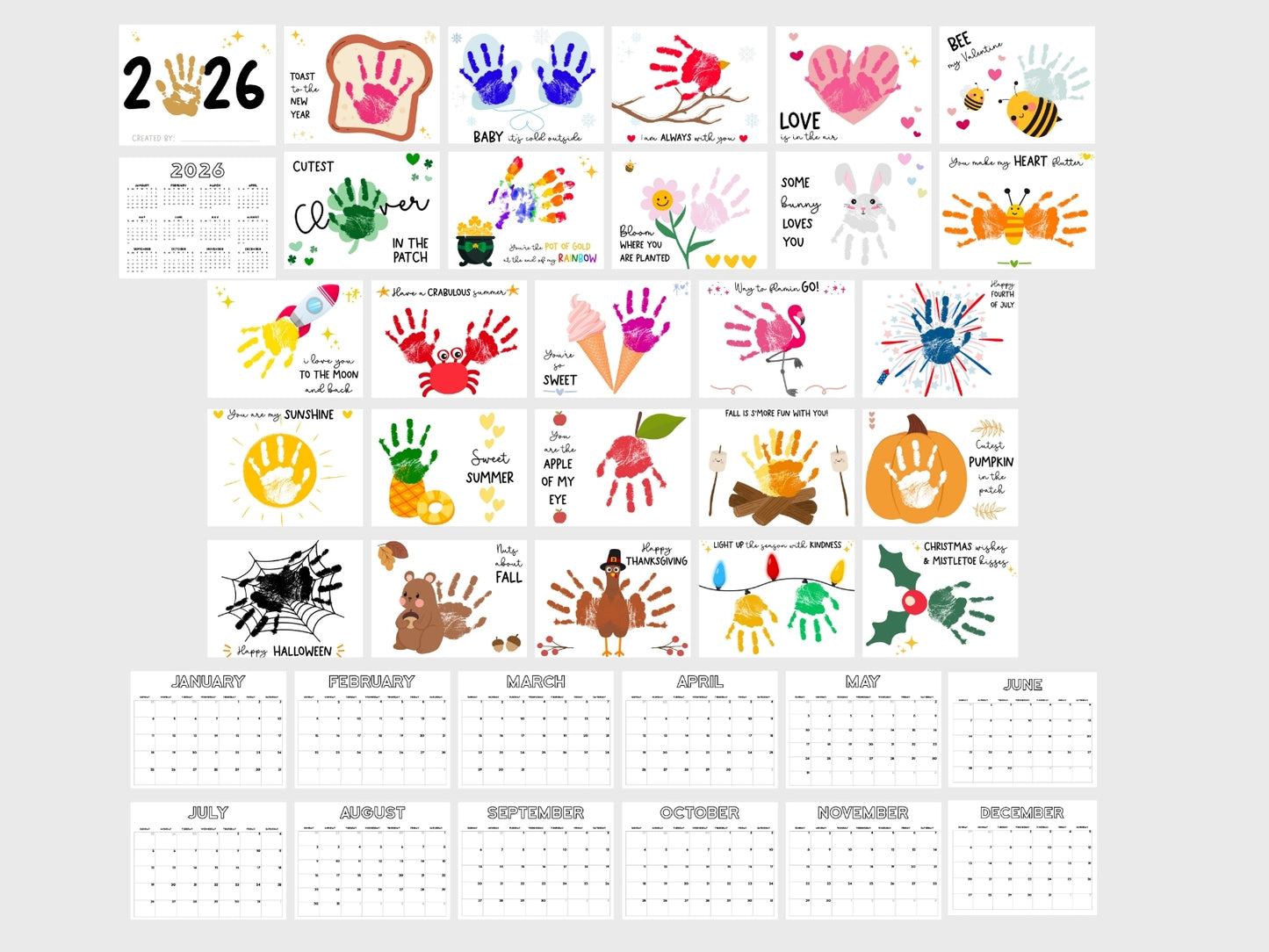 Handprint Calendar 2026 - Landscape Layout - 2 pages per month